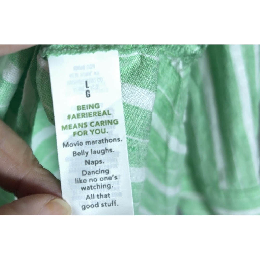 Aerie Linen Blend Cover Up Shirt Womens Sz L Green Striped Semi Sheer Pocket - Picture 5 of 8